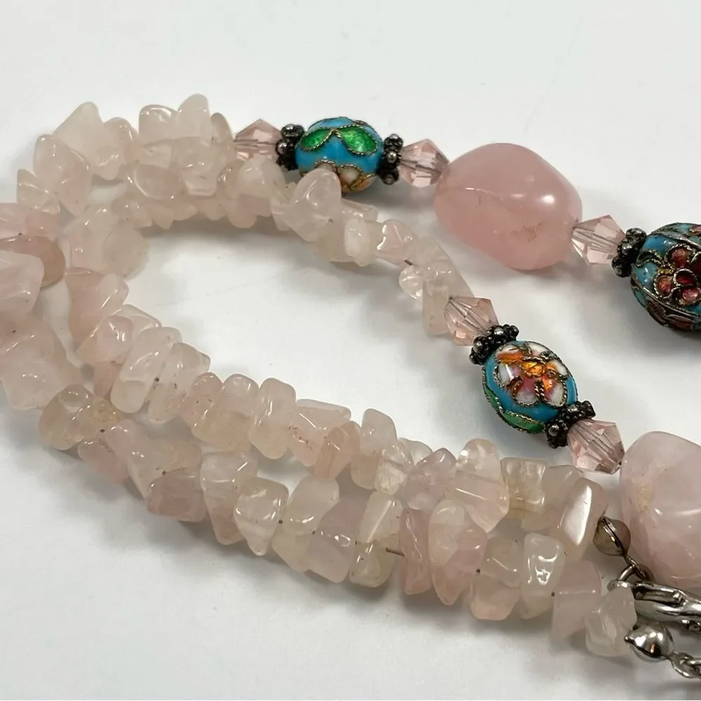 Rose Quartz Cloisonné Flower Beaded Necklace Stunning Unsigned Gemstone Unique - Picture 7 of 8